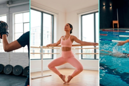 Mujeres practicando Kickboxing, Barre y Natación como parte de una rutina de entrenamiento integral 2026