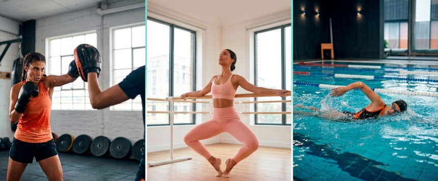 Mujeres practicando Kickboxing, Barre y Natación como parte de una rutina de entrenamiento integral 2026
