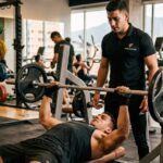 Hombre realizando técnica de musculación controlada en gimnasio