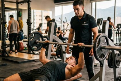 Hombre realizando técnica de musculación controlada en gimnasio