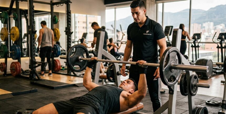 Hombre realizando técnica de musculación controlada en gimnasio