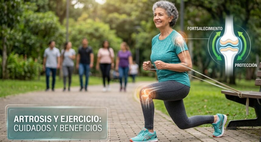 Persona realizando ejercicios de fortalecimiento para artrosis, entrenamiento funcional para salud articular.