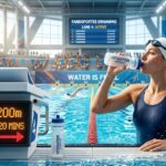 Nadador bebiendo agua al borde de la piscina, hidratación deportiva en natación.
