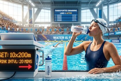 Nadador bebiendo agua al borde de la piscina, hidratación deportiva en natación.