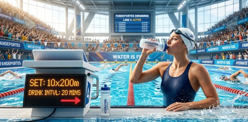 Nadador bebiendo agua al borde de la piscina, hidratación deportiva en natación.